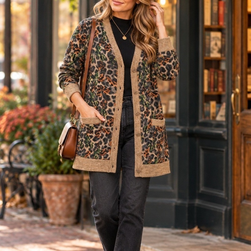 Grecelle Leopard Print Cardigan Longline Button Front Pockets M